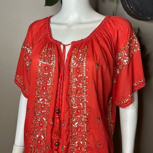 Calypso St. Barth Red Embellished Scoop Neck Blouse Large Gold Sequins - Picture 2 of 8